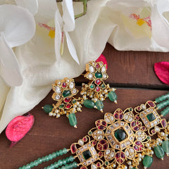 Stylish Layered AD Stone High Neck Choker-Aqua Green Bead-G14205
