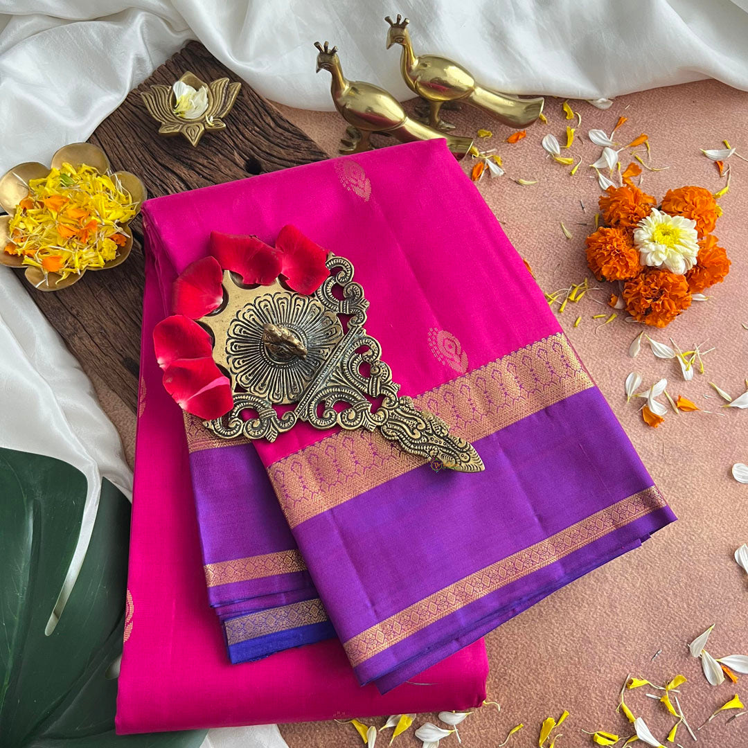 Hot Pink Double Border Kanchi Silk Saree-VS3872