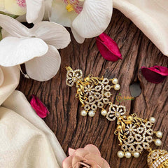 Vriksham Peacock Feather AD Stone Gold Touch With Jhumka Drops Jad Billai-Pearls-G21679