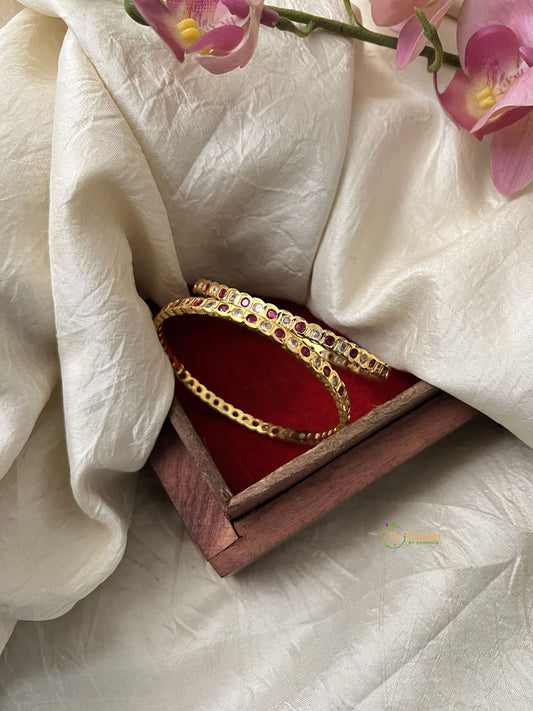 Premium Gold Alike Antique Diamond Bangle Set - White & Pink - G11879