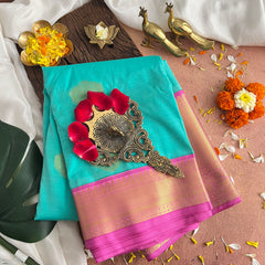 Aqua Blue WIth Pink Border Kanchi Silk Saree-VS3873