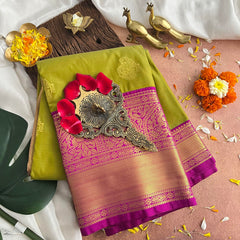 Parrot Green With Magenta Kanchi Silk Saree-VS3875