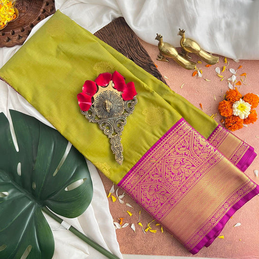 Parrot Green With Magenta Kanchi Silk Saree-VS3875