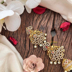 Vriksham Peacock Feather AD Stone Gold Touch With Jhumka Drops Jad Billai-Red-Pearls-G21680