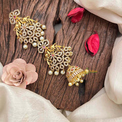 Vriksham Peacock Feather AD Stone Gold Touch With Jhumka Drops Jad Billai-Red-Pearls-G21680