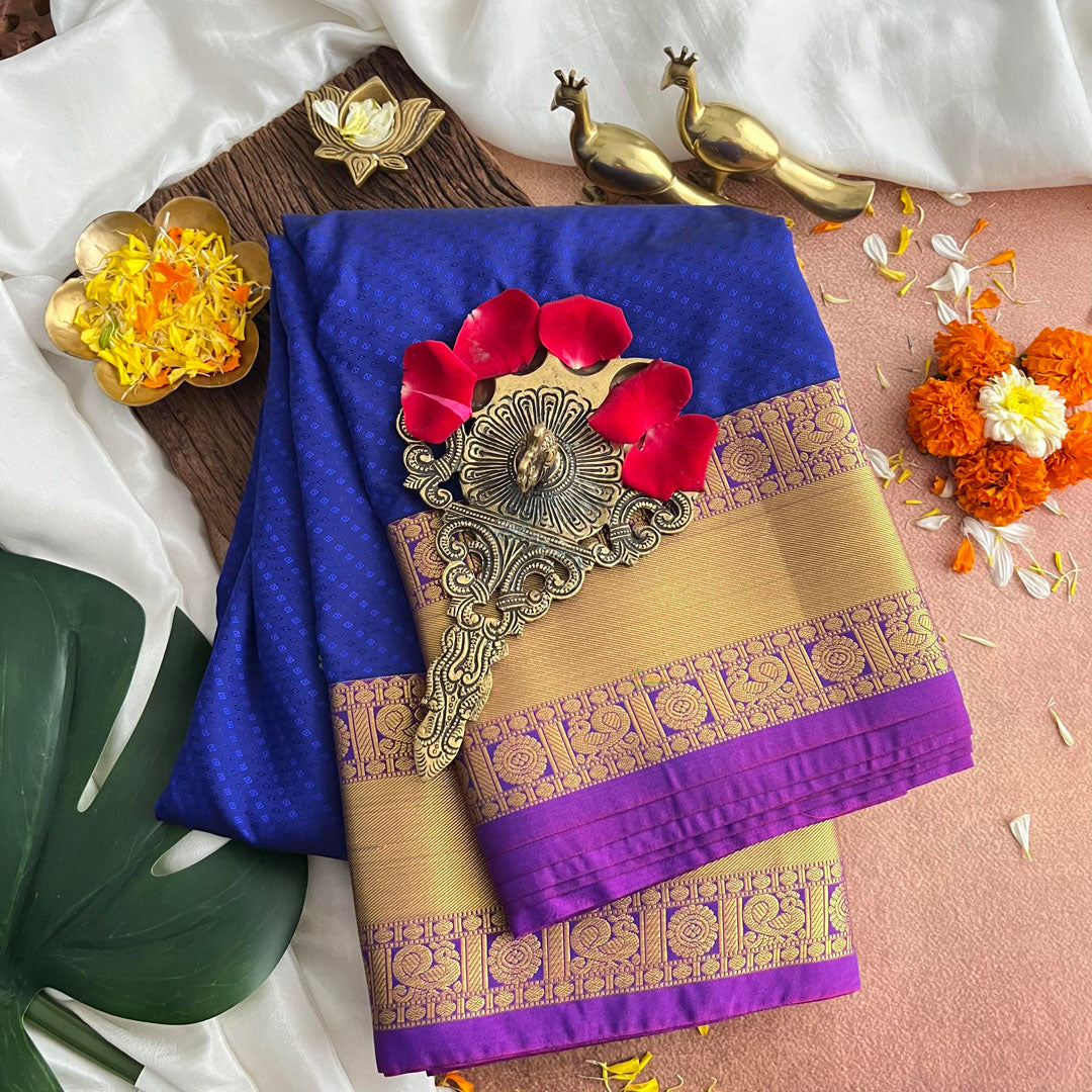 Navy Blue with Purple Border Kanchi Silk Saree-VS3880