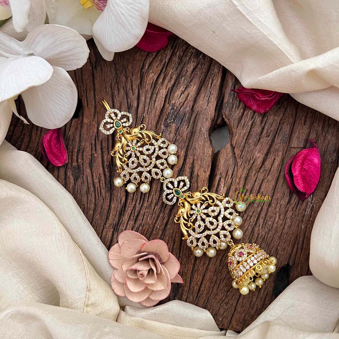 Vriksham Peacock Feather AD Stone Gold Touch With Jhumka Drops Jad Billai-Green-Pearls-G21681