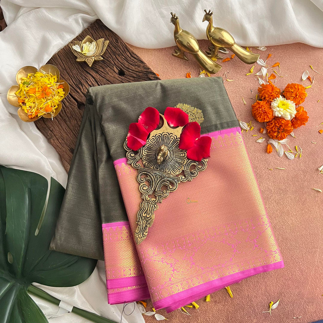 Army Green with Pink Border Kanchi Silk Saree-VS3883