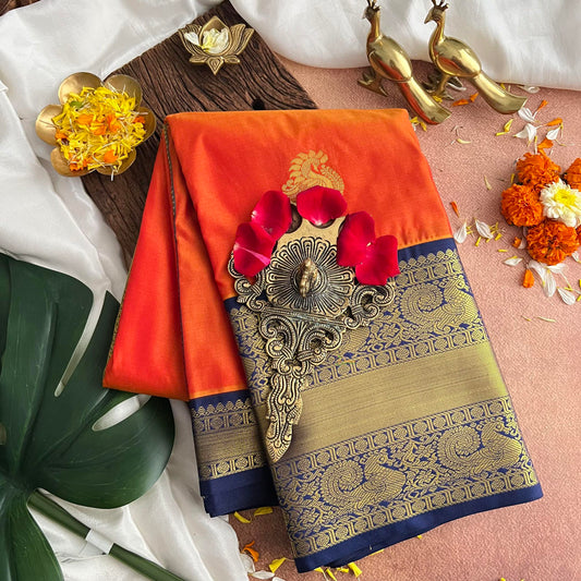 Orange with Navy Blue Border Kanchi Silk Saree-VS3884