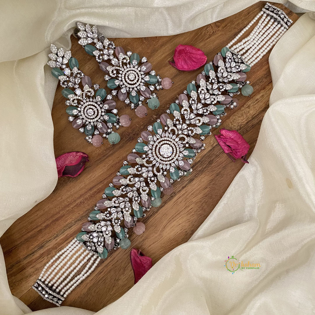 Premium Multilayer Victorian Diamond Choker-Pastel Pink & Green Beads-VV1540