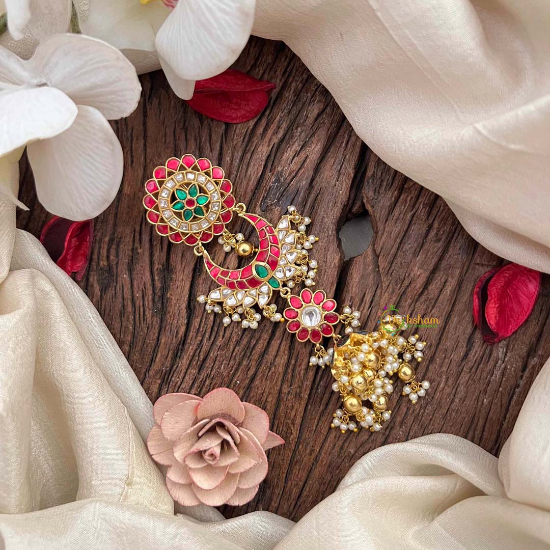 Vriksham Elegant Floral & Chand Motif  Kundan Jadau Jhumka Jad Billai-Red Green & White-Green Bead-Pearls-J4194