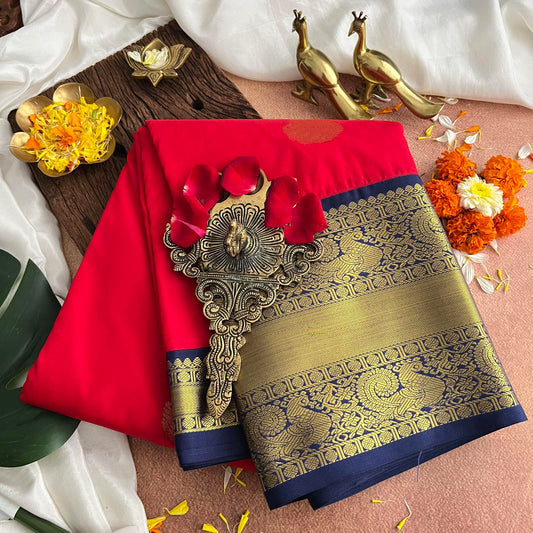 Red with Navy Blue Kanchi Silk Saree-VS3886