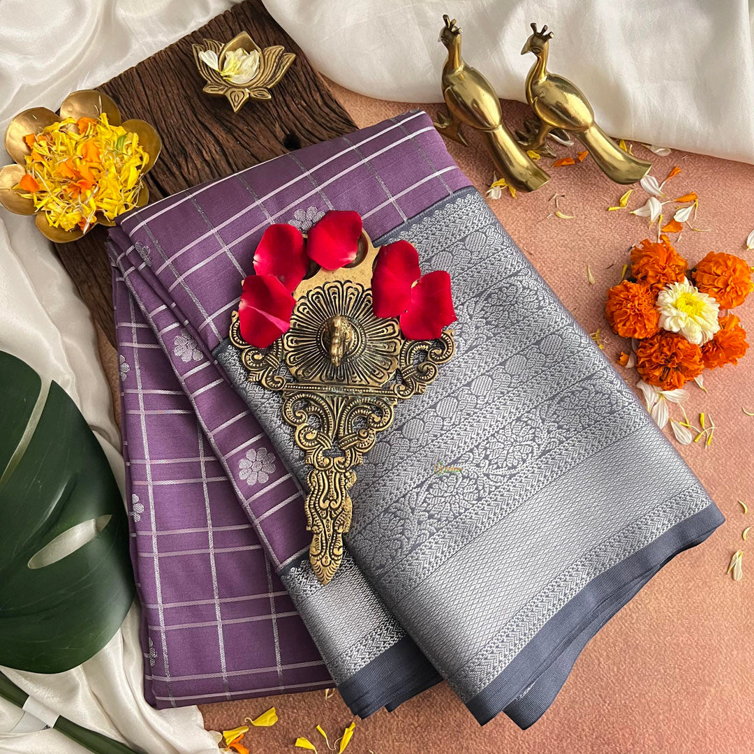 Mauve Voilet Silver Zari Kanchi Silk Saree-VS3887