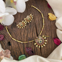 Vriksham Premium AD Stone Pendant Hasli Choker-Red,White & Green-G16619
