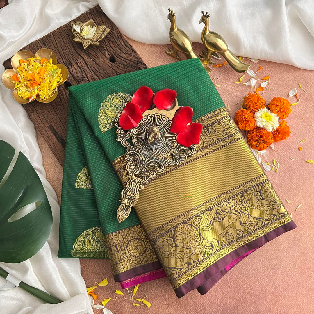 Bottle Green Golden Zari Butta Kanchi Silk Saree-VS3888