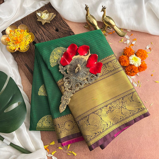 Bottle Green Golden Zari Butta Kanchi Silk Saree-VS3888