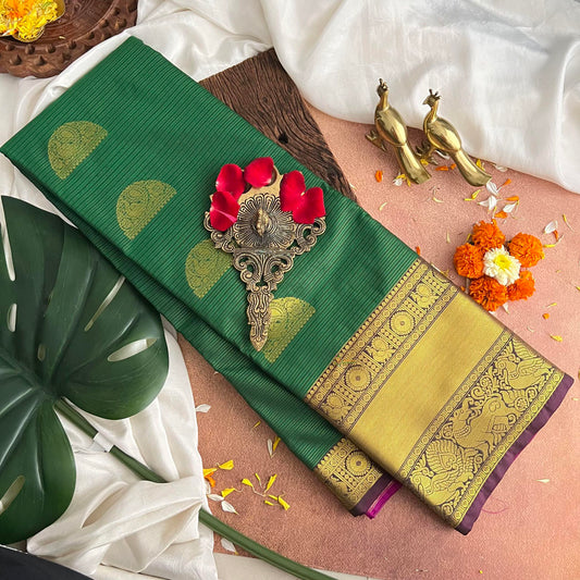 Bottle Green Golden Zari Butta Kanchi Silk Saree-VS3888