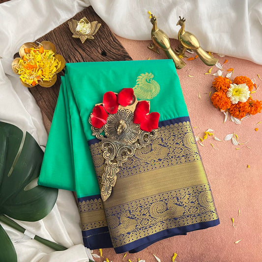 Pastel Green with Royal Blue Kanchi Silk Saree-VS3897