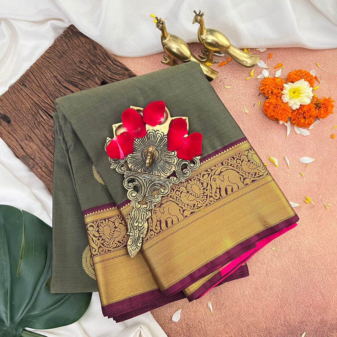 Army Green with Boysenberry Border Kanchi Silk Saree-VS3901