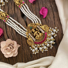 Vriksham Lakshmi Pendant Kundan Jadau White Beaded Mala-White Bead-J2982