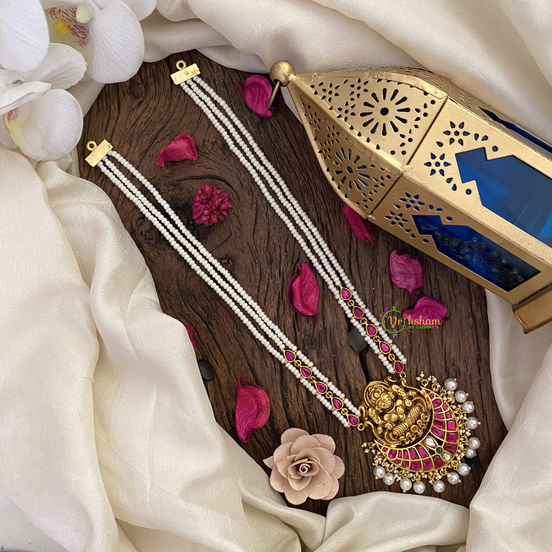 Vriksham Lakshmi Pendant Kundan Jadau White Beaded Mala-Red-J2917