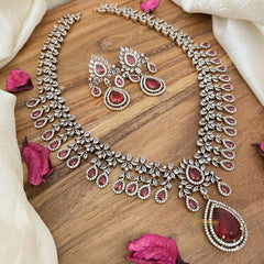 Elegant Victorian Diamond Long Neckpiece -Pinkish Red-Tear Drop-VV1400