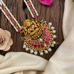Vriksham Lakshmi Pendant Kundan Jadau White Beaded Mala-Red-J2917