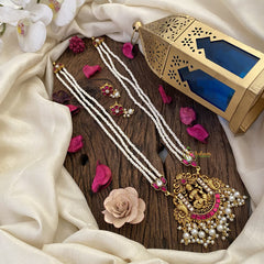 Vriksham Lakshmi Pendant Kundan Jadau White Beaded Mala-Lotus-J2983