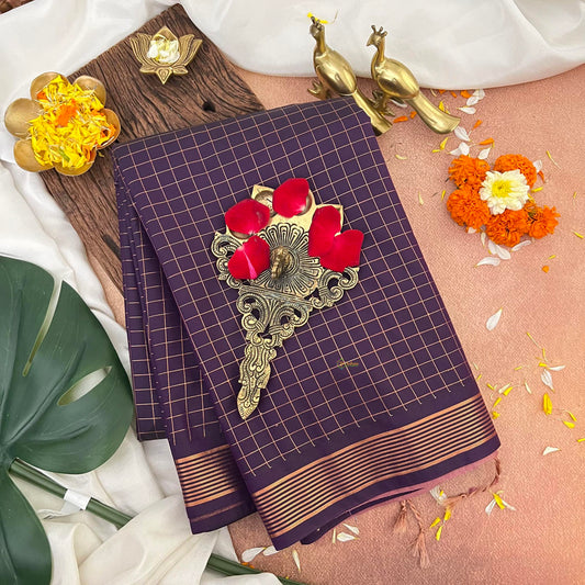 Purple Golden Zari Check Kanchi Silk Saree-VS3908