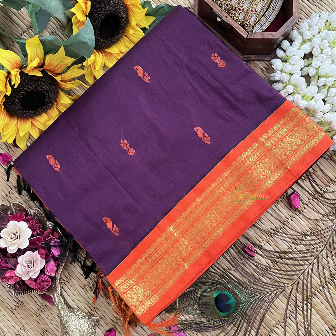 Vriksham Wine & Orange Border With Butta Design Kalyani Cotton Saree-VS4956