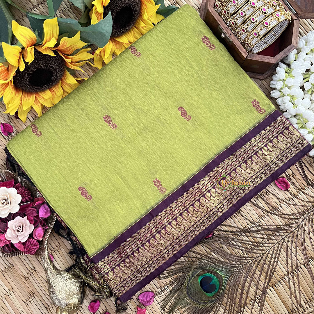 Vriksham Yellow Green & Purple Border With Butta Design Kalyani Cotton Saree-VS4965