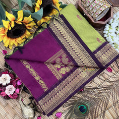 Vriksham Yellow Green & Purple Border With Butta Design Kalyani Cotton Saree-VS4965