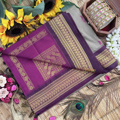 Vriksham Grey & Purple Border With Golden Butta Design Kalyani Cotton Saree-VS4968