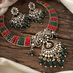 Designer Red Green Victorian Diamond Hasli-VV1698