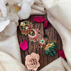 Vriksham Gold Finish Multi-Crescent Kundan Jadau Jhumka Jad Billai-Red Green & White-Green Bead-Pearls-J4195