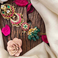 Vriksham Gold Finish Multi-Crescent Kundan Jadau Jhumka Jad Billai-Red Green & White-Green Bead-Pearls-J4195