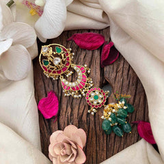 Vriksham Gold Finish Multi-Crescent Kundan Jadau Jhumka Jad Billai-Red Green & White-Green Bead-Pearls-J4195