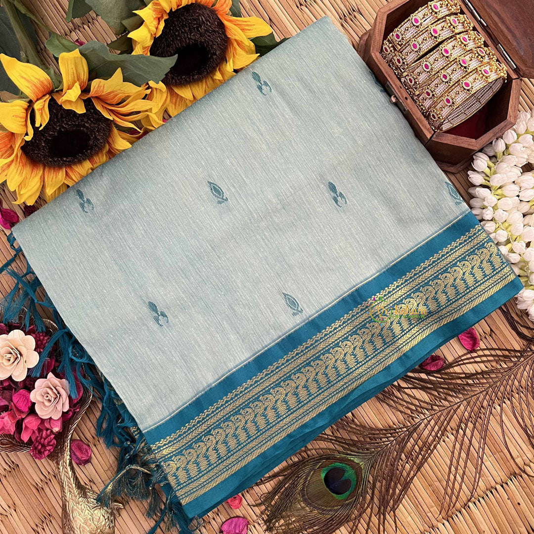 Vriksham Light Sky & Bottle Green Border With Butta Design Kalyani Cotton Saree-VS4960