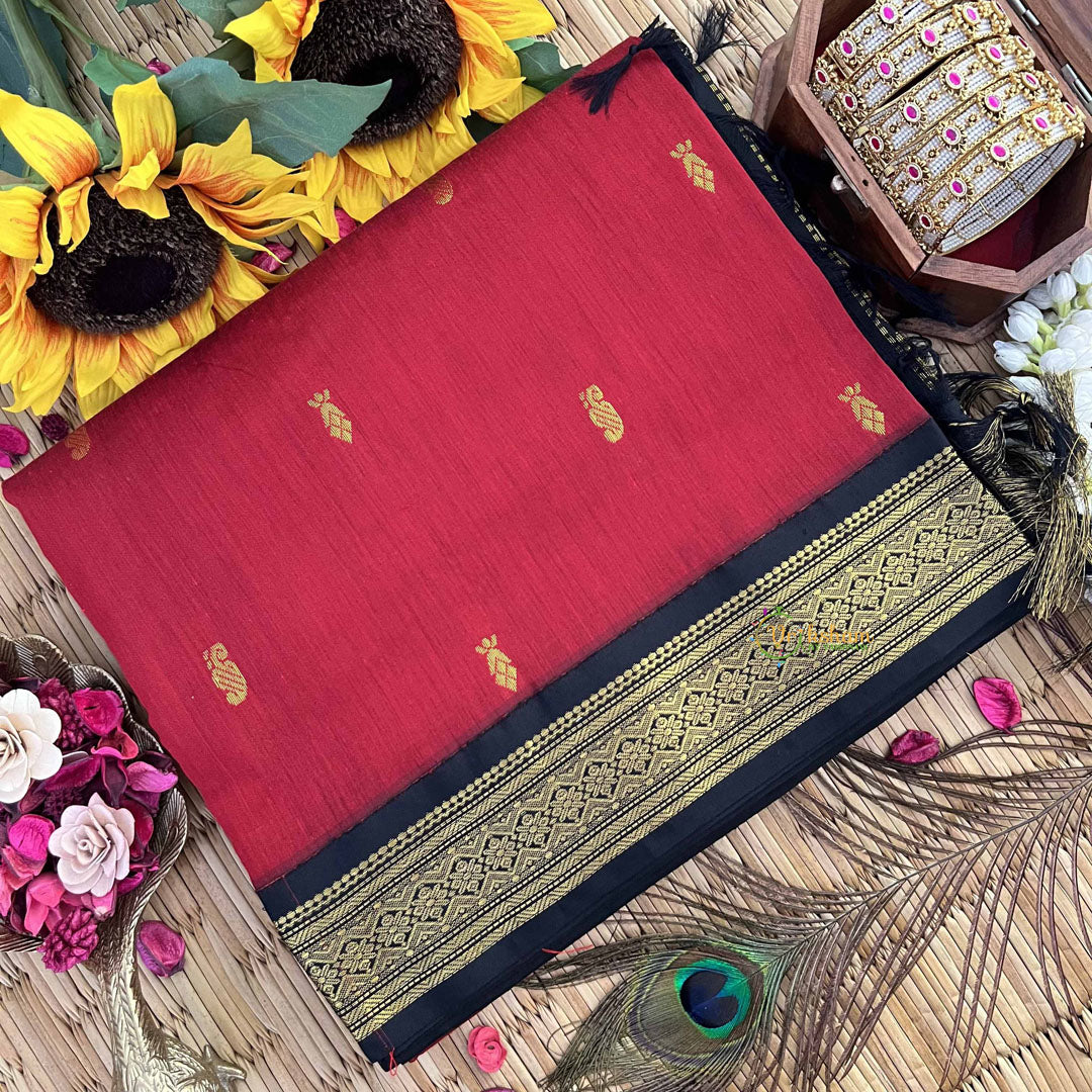 Vriksham Maroon & Black  Border With Butta Design Kalyani Cotton Saree-VS4950