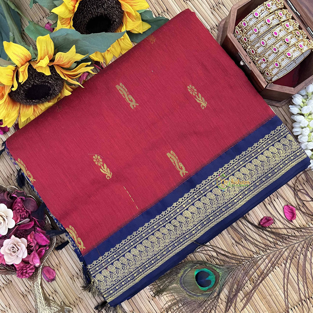 Vriksham Red & Blue Border With Golden Butta Design Kalyani Cotton Saree-VS4967