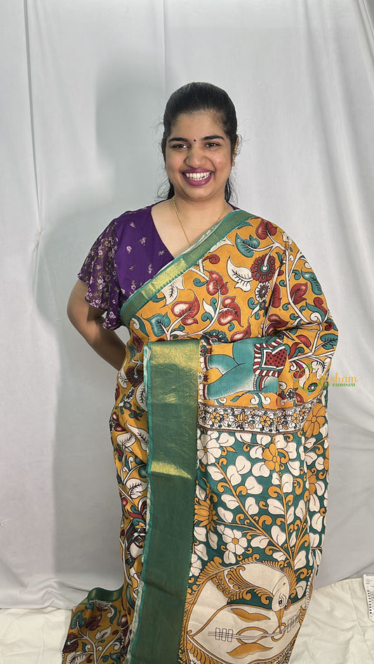 Vriksham Mustered Kalamkari Saree with Kanchi Border-VS4315