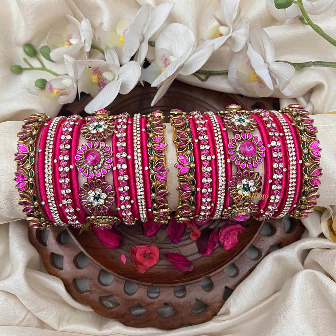 Vriksham Rani Pink Silk Thread Bangle Set with Kundan Floral Centers and Crystal Border Kadas Silk Bangles-G21701