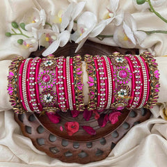 Vriksham Rani Pink Silk Thread Bangle Set with Kundan Floral Centers and Crystal Border Kadas Silk Bangles-G21701