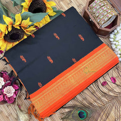 Vriksham Black & Orange Border With Golden Butta Design Kalyani Cotton Saree-VS4969