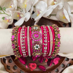 Vriksham Rani Pink Silk Thread Bangle Set with Kundan Floral Centers and Crystal Border Kadas Silk Bangles-G21701