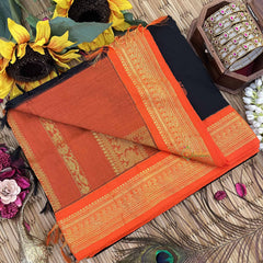 Vriksham Black & Orange Border With Golden Butta Design Kalyani Cotton Saree-VS4969