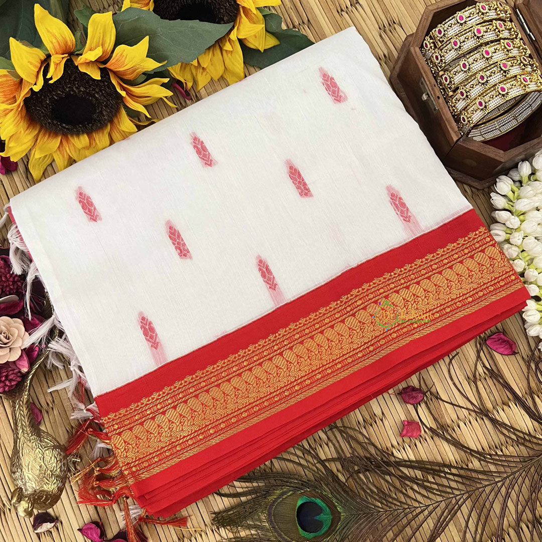 Vriksham White & Red Border With Butta Design Kalyani Cotton Saree-VS4975