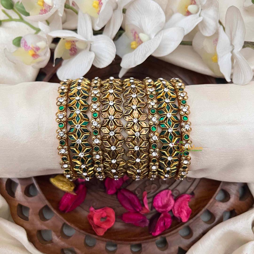 Vriksham Antique Gold & Emerald Green Geometric Floral  Silk Bangles Set-G21702