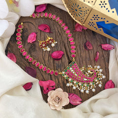 Vriksham Designer Peacock Pendant Kundan Jadau  Neckpiece-Red-White Bead-J2852