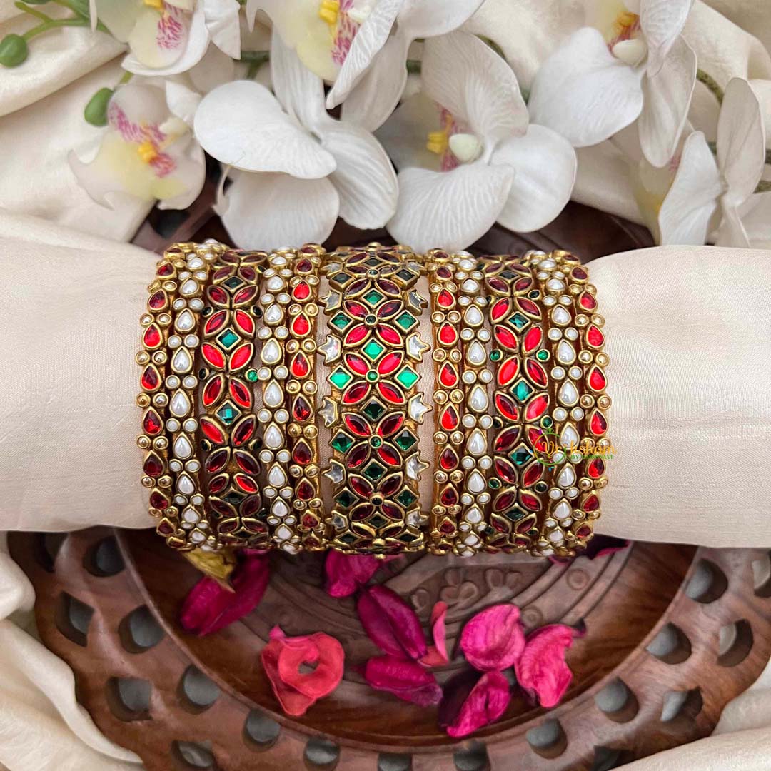 Vriksham Antique Gold Plated Kemp Stone Red Green Silk Bangles Set-G21703